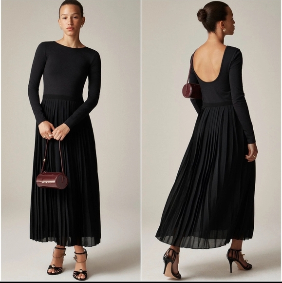 J. Crew Elegant Pleated Ballet Black Stretch Cotton Long Sleeve Maxi Dress M - Picture 1 of 13